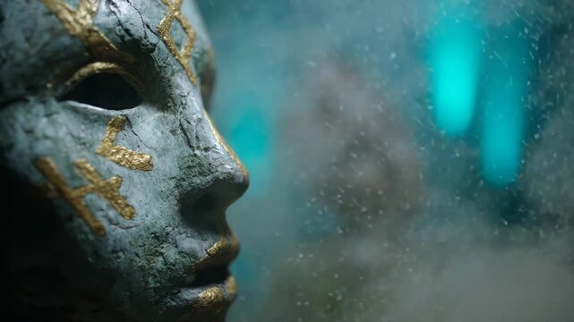 Mystical stone face sculpture with glowing blue accents and foggy atmosphere