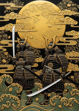 Two samurai warriors standing in front of a large golden moon with clouds and waves action scene anc