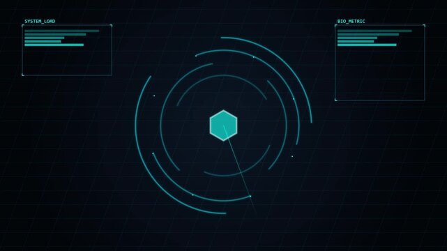 Futuristic digital interface with rotating radar scanner and data display