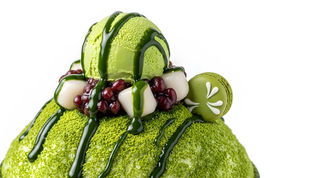 Matcha or green tea flavored bingsu from Korea, sweet and fresh shaved ice dessert. A perfect choice for summertime