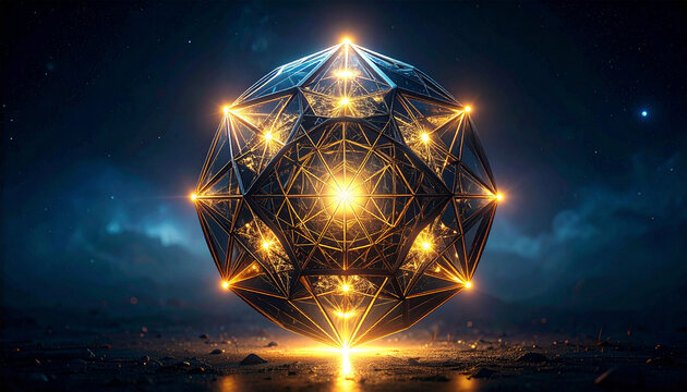 Glowing golden geometric polyhedron symbol floating in the void of space, futuristic concept background material
