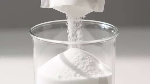 White powder pouring from a sachet into a clear glass beaker. Demonstrating marine collagen supplement preparation.