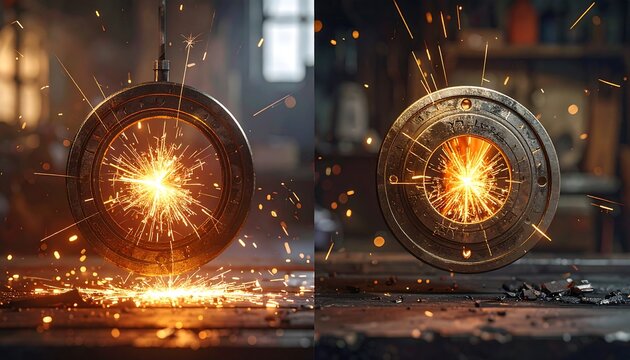 A split-screen image of two glowing metal objects