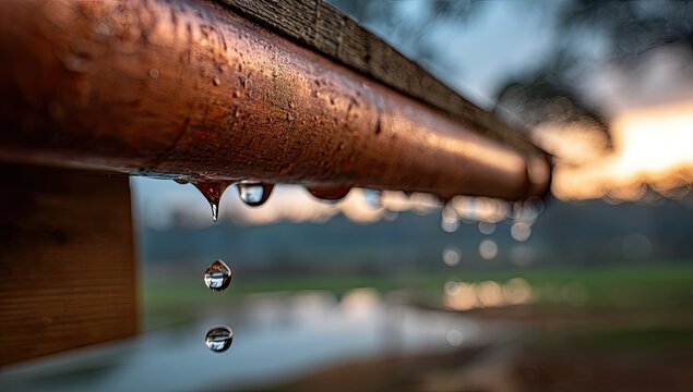 Close-up of water droplets falling from a rustic copper gutter at sunset