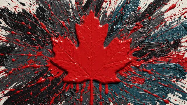 Red Canadian Maple Leaf Painted on Grunge Splatter Background &ndash; Canada National Symbol Artistic Abstract Animation