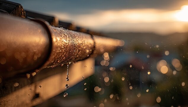 Rainwater drips from an aged copper gutter against a warm, blurred landscape