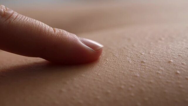 Finger gently pressing on human skin revealing texture. Emphasizing the concept of marine collagen for skin health.