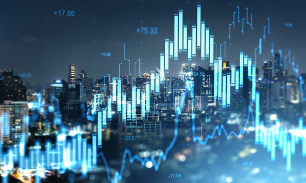 City skyline overlaid with glowing financial charts showing rising market trends, investment activity, and dynamic exchange fluctuations at night.