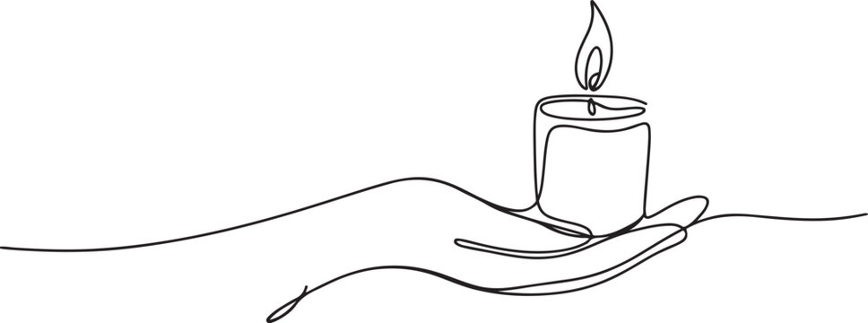 Continuous one line drawing. Hand holding burning candle.one line Art icon drawing vector