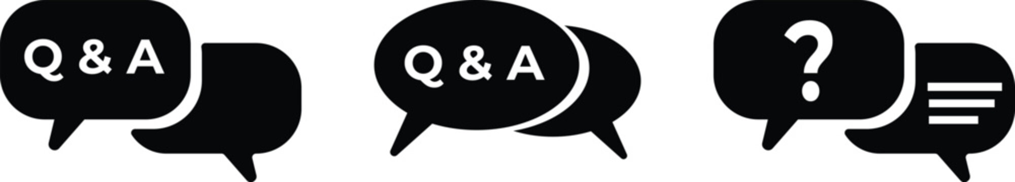 Questions and answer icon set on isolated transparent background. Vector speech bubble FAQ signs 