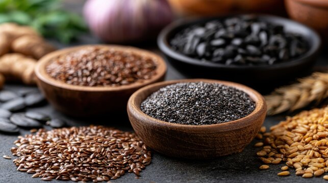 Close-up of healthy superfood seeds and grains