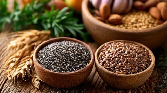 Healthy organic chia and flax seeds in rustic wooden bowls