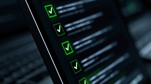 Checklist on digital screen with glowing green check marks