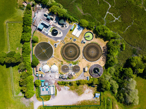 Satellite aerial shot of water treatment sewer farm near Wareham, Dorset UK