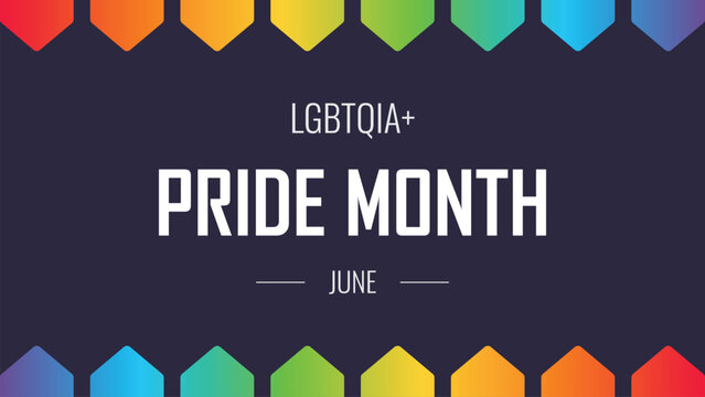 LGBTQ Pride month, community campaign banner with rainbow colors, social event, festival, parade or rally, people hold colourful hands up