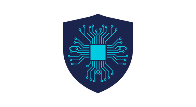 Digital Security Shield with Circuit Board and Microchip Icon.
