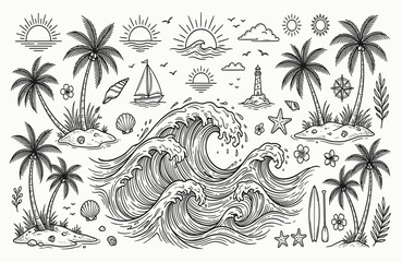 Obraz premium Tropical beach elements collection hand drawn line art illustration