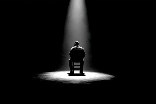 Solitary figure seated in a stark spotlight, casting a shadow against dark backdrop