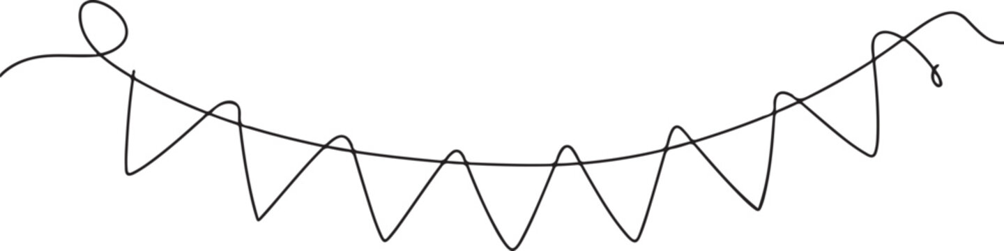 Garland bunting with flags in one continuous line drawing. Birthday and jubilee party decoration in simple linear style.one line Art icon drawing vector