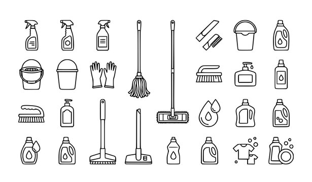 Cleaning equipment outline icon collection with spray bottle mop and detergent vector