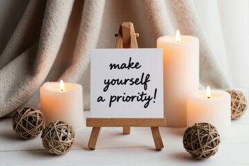Naklejka premium Cozy scene with lit candles and decorative balls. Text on easel says make yourself a priority. Represents self-care, motivation, and well-being themes.