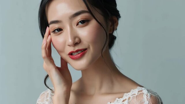 映画調の色味で日本人の花嫁が白の空間に穏やかに微笑む