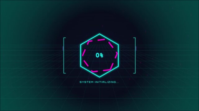 Futuristic digital system initialization with percentage counter on grid background