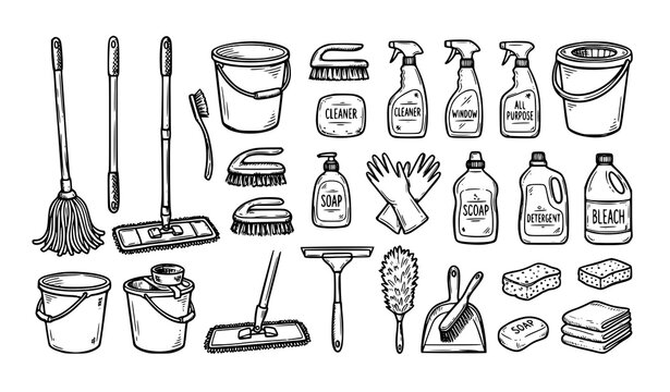 Hand drawn cleaning tools sketch icon set with bucket mop and spray bottle vector illustration