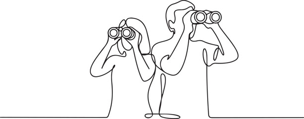 Fototapeta premium Man and woman looking into distance with binoculars.one line Art icon drawing vector