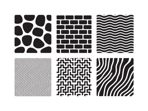 Set of six hand drawn grunge textured geometric patterns in black and white