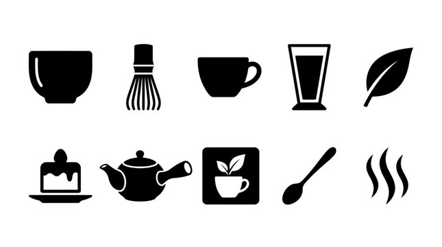 Minimalist black and white vector icons depicting coffee, tea, kitchen tools, and a laptop for daily routine or work themes.