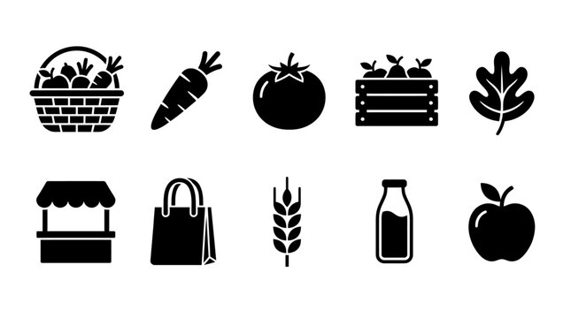 Flat design vector icons depicting fresh vegetables, fruits, grains, and farmers market shopping elements in black and white line art style.