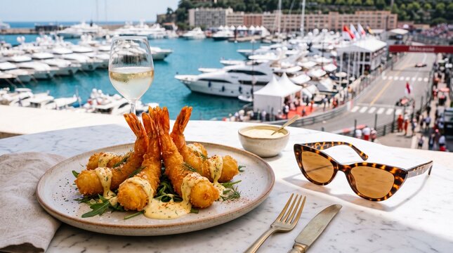 Crispy tiger prawns with aioli and white wine on a luxury Monaco marina terrace