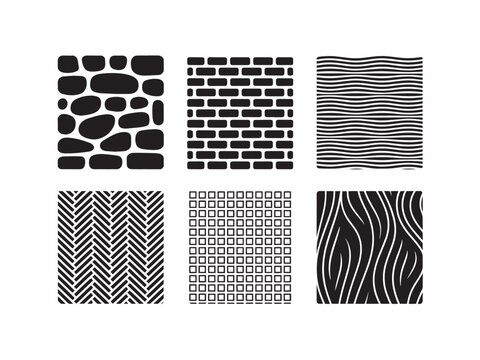 Set of six hand drawn black and white geometric patterns and textures for design projects