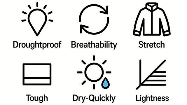 Sunscreen, breathable, and stretchy clothing icons, with practical advantages such as durability, sun resistance, stretch elasticity, lightweight and quick drying, breathable and tough sports wear.
