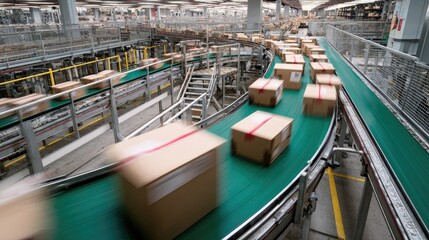 Fototapeta premium Automated conveyor system moving numerous cardboard packages through a warehouse