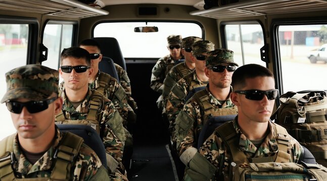 Soldiers in camouflage uniforms ride in military bus. Armed men wear sunglasses, tactical gear. Prepare for duty travel to new location. Disciplined faces show focus, readiness for action.