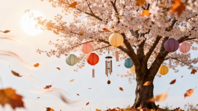 Cherry blossom tree with lanterns and wind chime