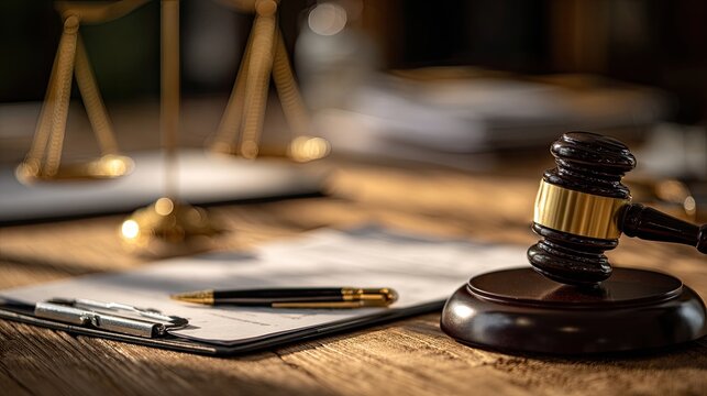 Gavel, scales of justice, and documents on a wooden desk