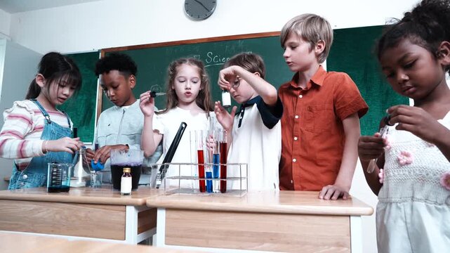A group of boys and girls of various nationalities stand in front of their classmates learning science, mixing chemicals and holding test tubes in their classroom at school.
