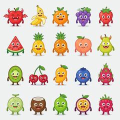 Obraz premium Collection of cute cartoon fruit characters with various expressions and features, including apple, banana, orange, grape, strawberry, and many more tropical fruits.