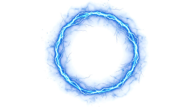 Glowing blue electric ring with lightning arcs isolated on transparent background