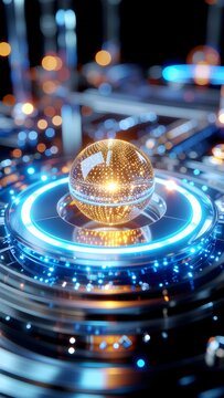 Futuristic quantum computer core with glowing golden light and rotating data rings concept