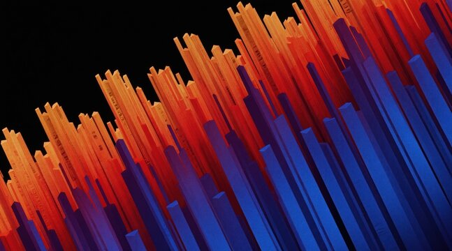 Abstract digital art with vertical bars in red orange and blue gradients. Forms sound wave or data graph against black background. Tech background.