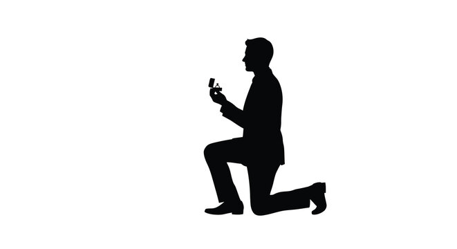 Man kneeling proposing with ring box black silhouette high quality