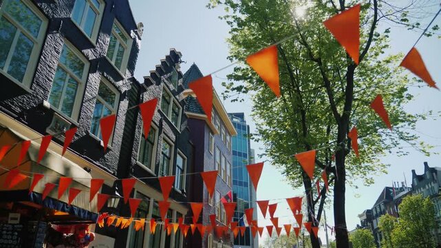 Orange dutch flags hanging across street between classic buildings and green trees on sunny day with lens flare in amsterdam.