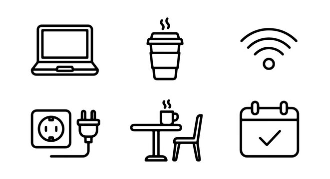 Modern Vector Icons: Laptop, Coffee, Wi-Fi, Power Outlet, Cafe Table, Calendar for Digital Nomad Lifestyle