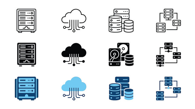 Set of server and cloud storage icons vector illustration of data center, network infrastructure, database, and hard drive icons in line, solid, and blue styles