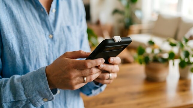 Man using smartphone with external microphone for content creation at home office
