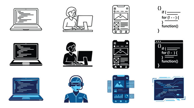 Set of programming and software development icons, including laptop with code, developer working, mobile app interface, and code snippets, minimalist line art, solid black, and blue digital styles